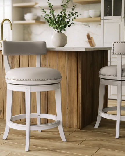 26" Gray and White Faux Leather and Solid Wood Low Back Counter Height Swivel Bar Chair