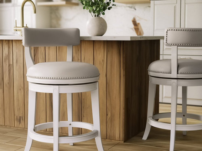 26" Gray and White Faux Leather and Solid Wood Low Back Counter Height Swivel Bar Chair