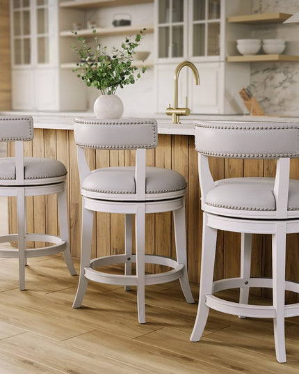 26" Gray and White Faux Leather and Solid Wood Low Back Counter Height Swivel Bar Chair