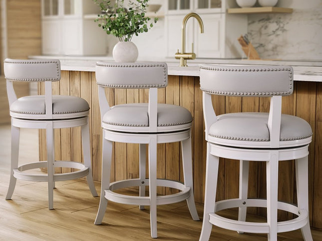 26" Gray and White Faux Leather and Solid Wood Low Back Counter Height Swivel Bar Chair