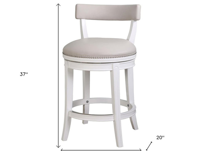26" Gray and White Faux Leather and Solid Wood Low Back Counter Height Swivel Bar Chair