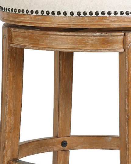 Linen and Brown Fabric and Solid Wood Low Back Bar Height Swivel Bar Chair