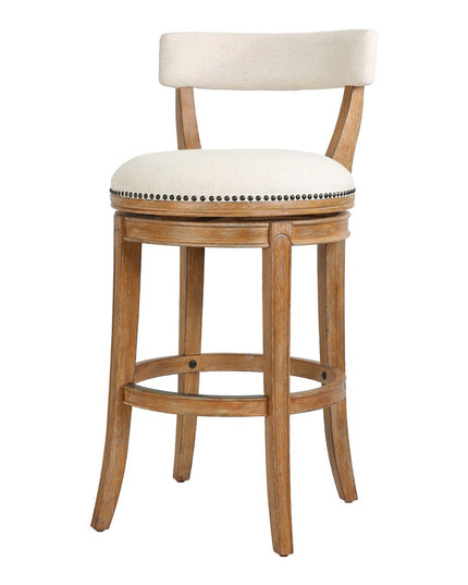 Linen and Brown Fabric and Solid Wood Low Back Bar Height Swivel Bar Chair