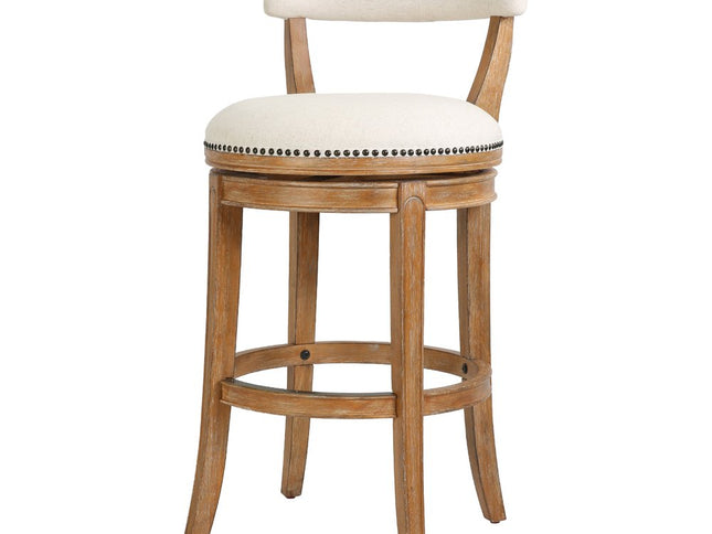 Linen and Brown Fabric and Solid Wood Low Back Bar Height Swivel Bar Chair