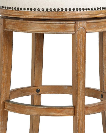 Linen and Brown Fabric and Solid Wood Low Back Bar Height Swivel Bar Chair