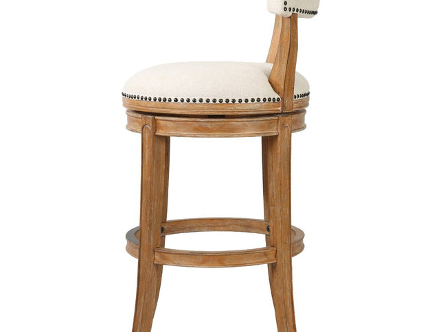 Linen and Brown Fabric and Solid Wood Low Back Bar Height Swivel Bar Chair