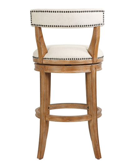 Linen and Brown Fabric and Solid Wood Low Back Bar Height Swivel Bar Chair