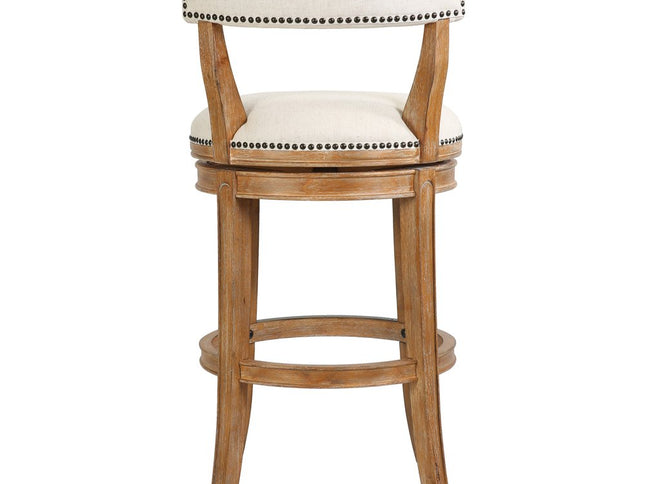 Linen and Brown Fabric and Solid Wood Low Back Bar Height Swivel Bar Chair