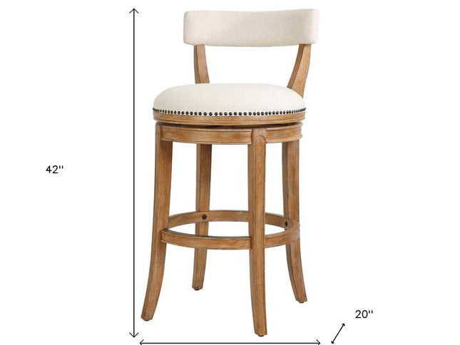 Linen and Brown Fabric and Solid Wood Low Back Bar Height Swivel Bar Chair