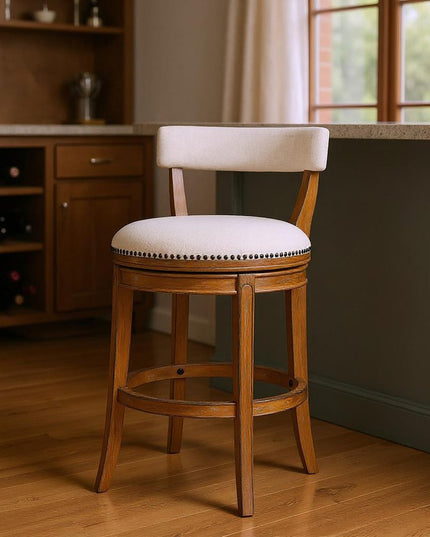 Linen and Brown Fabric and Solid Wood Low Back Bar Height Swivel Bar Chair