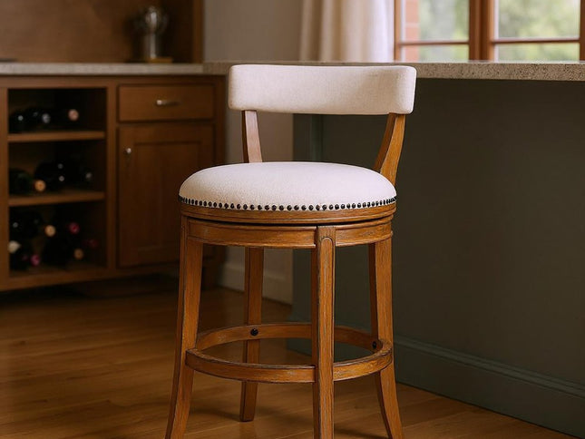 Linen and Brown Fabric and Solid Wood Low Back Bar Height Swivel Bar Chair