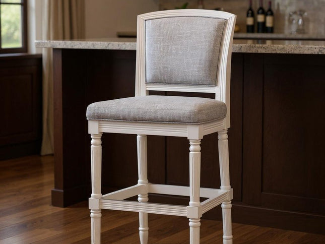 Gray and White Fabric and Solid Wood Bar Height Bar Chair