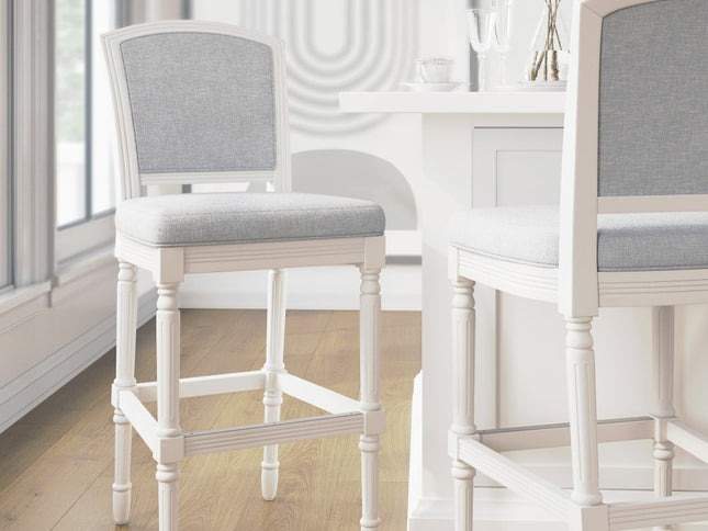 Gray and White Fabric and Solid Wood Bar Height Bar Chair