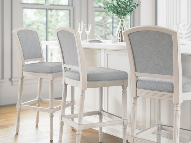 Gray and White Fabric and Solid Wood Bar Height Bar Chair