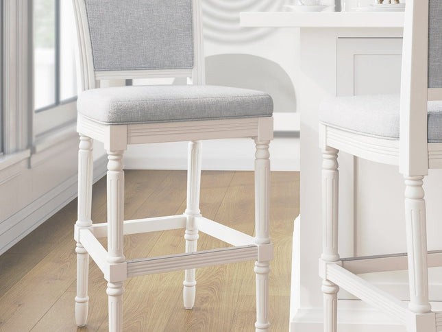 Gray and White Fabric and Solid Wood Bar Height Bar Chair