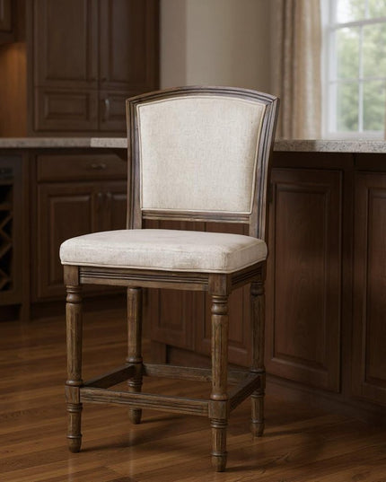 31" Gray Fabric and Solid Wood Bar Height Bar Chair