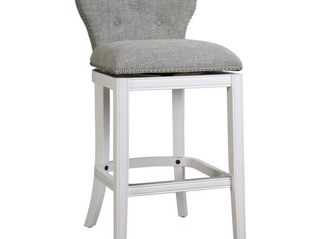 Gray and White Fabric and Solid Wood Low Back Bar Height Swivel Bar Chair
