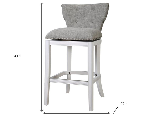 Gray and White Fabric and Solid Wood Low Back Bar Height Swivel Bar Chair