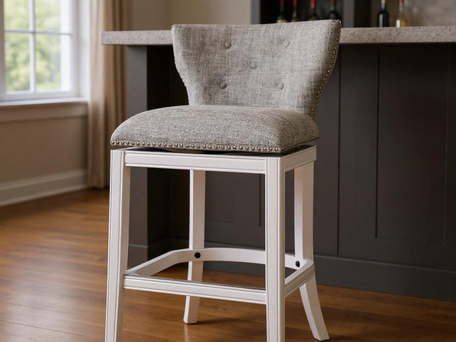 Gray and White Fabric and Solid Wood Low Back Bar Height Swivel Bar Chair