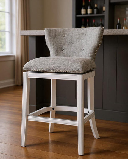 Gray and White Fabric and Solid Wood Low Back Bar Height Swivel Bar Chair