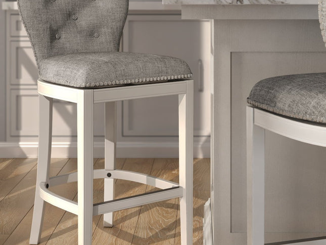 Gray and White Fabric and Solid Wood Low Back Bar Height Swivel Bar Chair