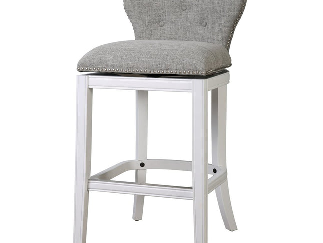 Gray and White Fabric and Solid Wood Low Back Bar Height Swivel Bar Chair