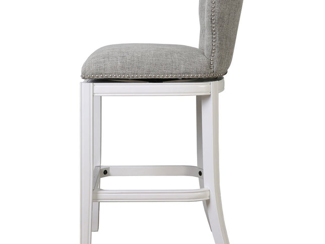 Gray and White Fabric and Solid Wood Low Back Bar Height Swivel Bar Chair