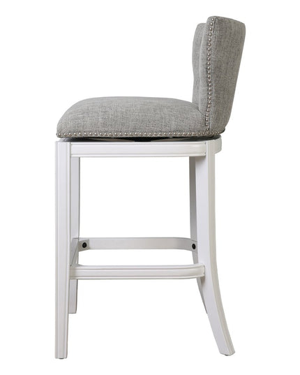 Gray and White Fabric and Solid Wood Low Back Bar Height Swivel Bar Chair