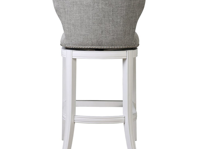 Gray and White Fabric and Solid Wood Low Back Bar Height Swivel Bar Chair