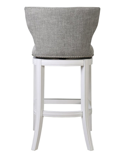 Gray and White Fabric and Solid Wood Low Back Bar Height Swivel Bar Chair