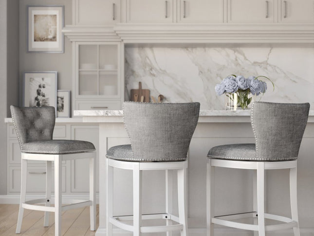 Gray and White Fabric and Solid Wood Low Back Bar Height Swivel Bar Chair