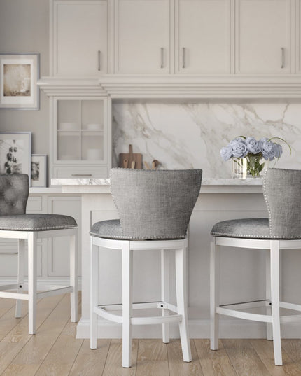 Gray and White Fabric and Solid Wood Low Back Bar Height Swivel Bar Chair