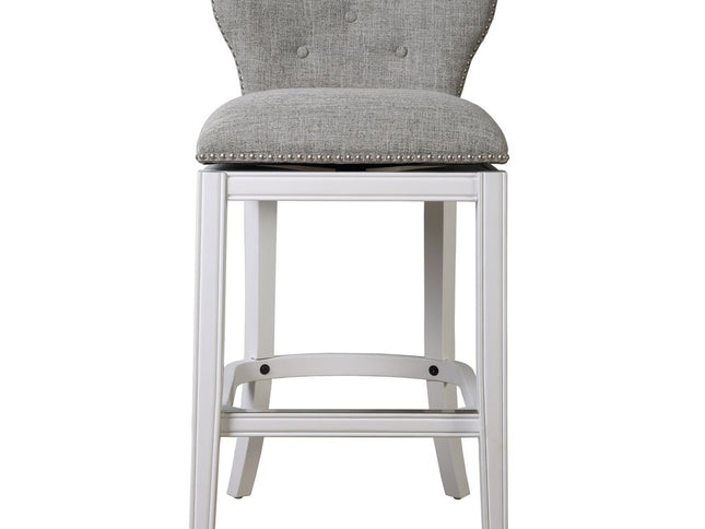 Gray and White Fabric and Solid Wood Low Back Bar Height Swivel Bar Chair