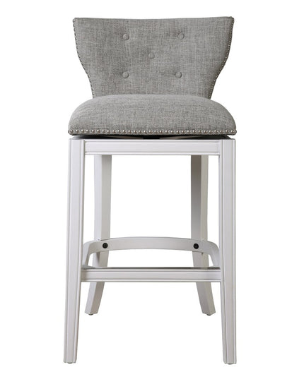 Gray and White Fabric and Solid Wood Low Back Bar Height Swivel Bar Chair