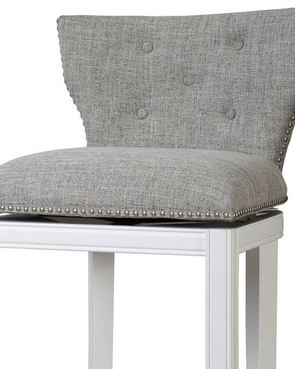 Gray and White Fabric and Solid Wood Low Back Bar Height Swivel Bar Chair