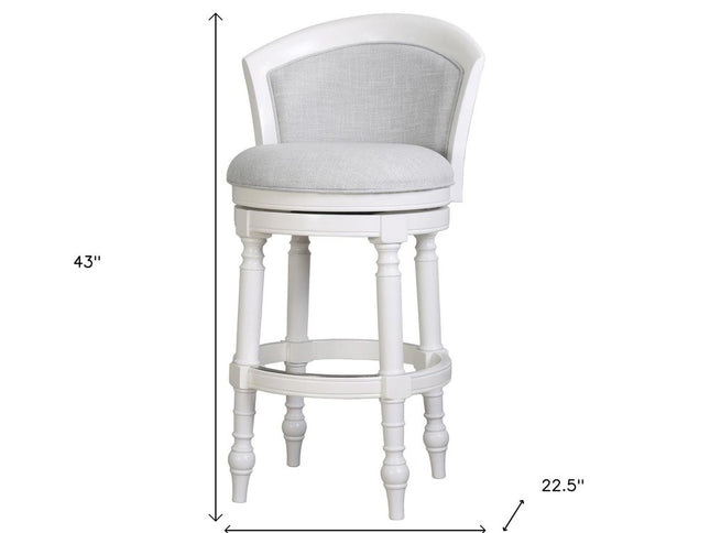 Gray and White Fabric and Solid Wood Low Back Bar Height Swivel Bar Chair