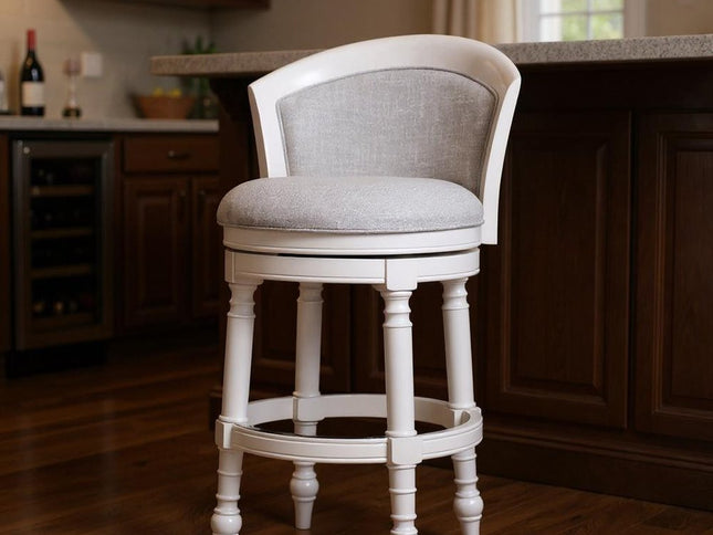 Gray and White Fabric and Solid Wood Low Back Bar Height Swivel Bar Chair