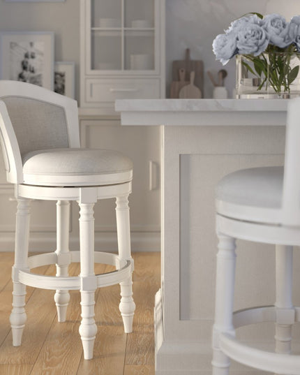 Gray and White Fabric and Solid Wood Low Back Bar Height Swivel Bar Chair