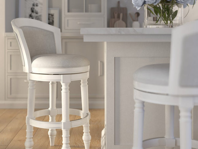 Gray and White Fabric and Solid Wood Low Back Bar Height Swivel Bar Chair