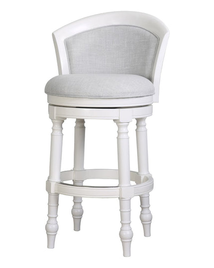 Gray and White Fabric and Solid Wood Low Back Bar Height Swivel Bar Chair
