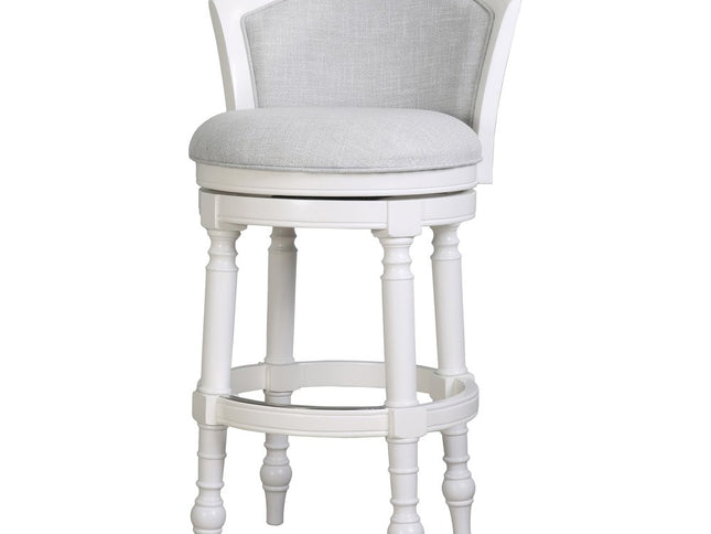 Gray and White Fabric and Solid Wood Low Back Bar Height Swivel Bar Chair