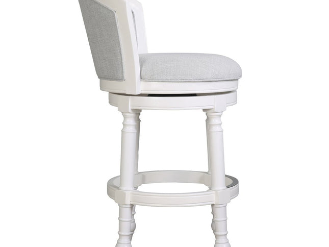 Gray and White Fabric and Solid Wood Low Back Bar Height Swivel Bar Chair
