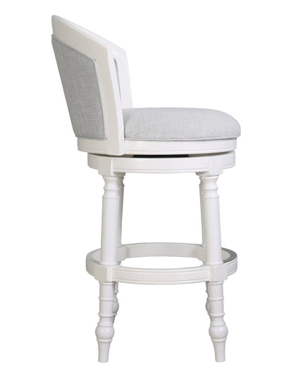 Gray and White Fabric and Solid Wood Low Back Bar Height Swivel Bar Chair