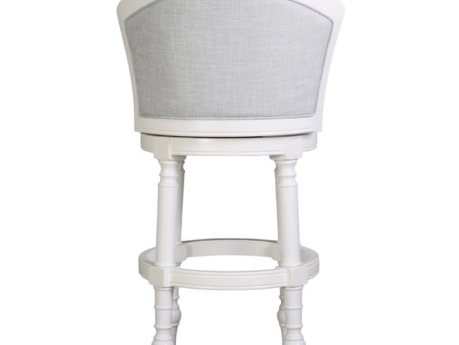Gray and White Fabric and Solid Wood Low Back Bar Height Swivel Bar Chair