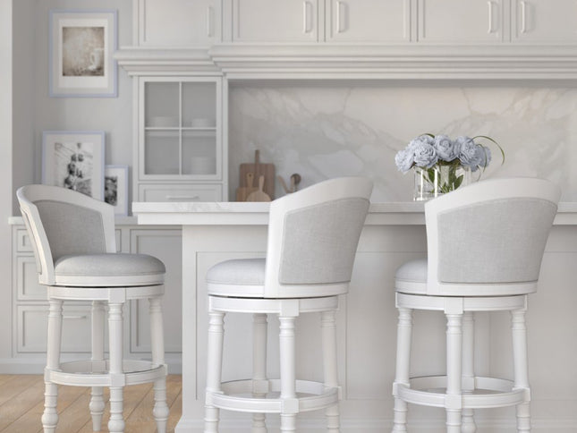 Gray and White Fabric and Solid Wood Low Back Bar Height Swivel Bar Chair