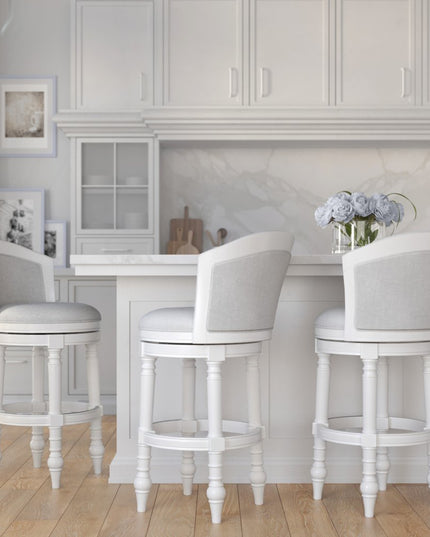 Gray and White Fabric and Solid Wood Low Back Bar Height Swivel Bar Chair