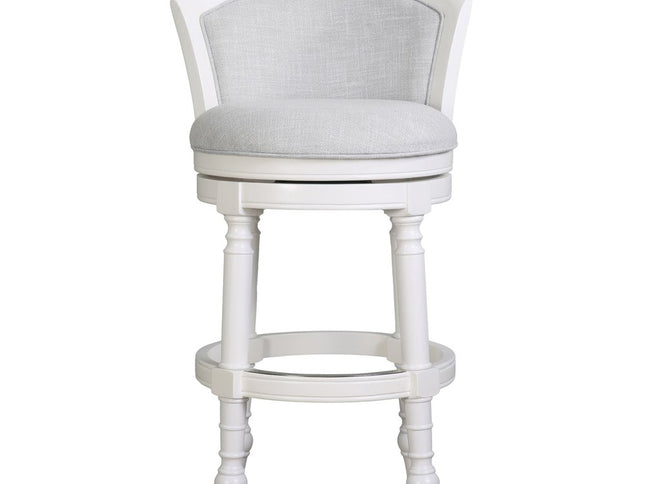 Gray and White Fabric and Solid Wood Low Back Bar Height Swivel Bar Chair