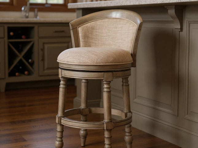 Beige and Gray Fabric Faux Leather and Solid Wood Low Back Bar Height Swivel Bar Chair