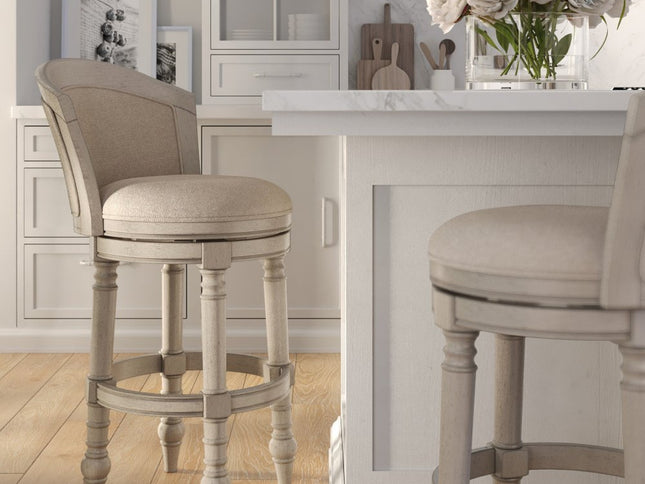 Beige and Gray Fabric Faux Leather and Solid Wood Low Back Bar Height Swivel Bar Chair