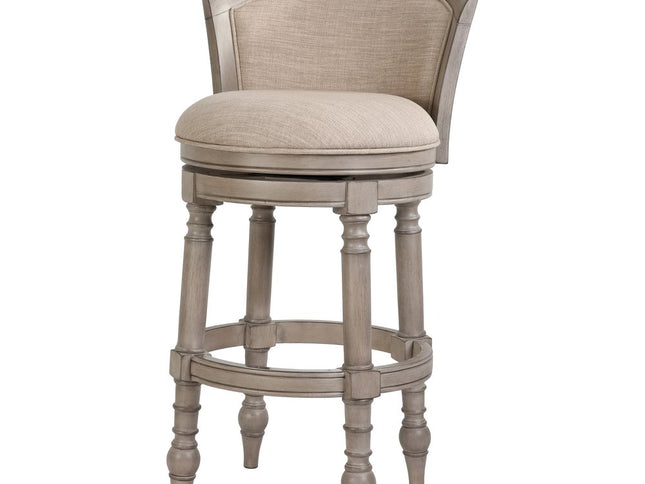 Beige and Gray Fabric Faux Leather and Solid Wood Low Back Bar Height Swivel Bar Chair